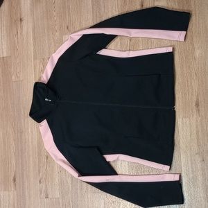 NY Jeans Track Jacket Womens Medium Athletic Pink Black Full Zip Sweatshirt